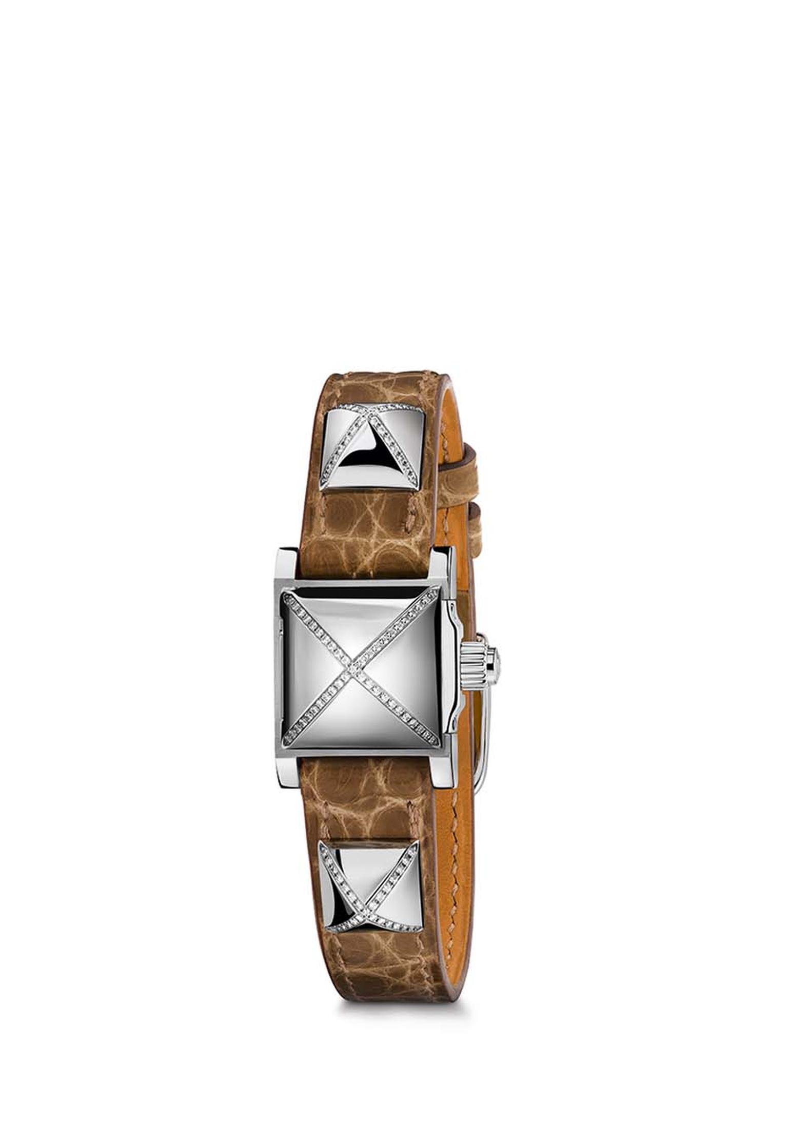 Hermès Médor watch with three pyramids featuring a cross of pavé diamonds on an alligator strap.