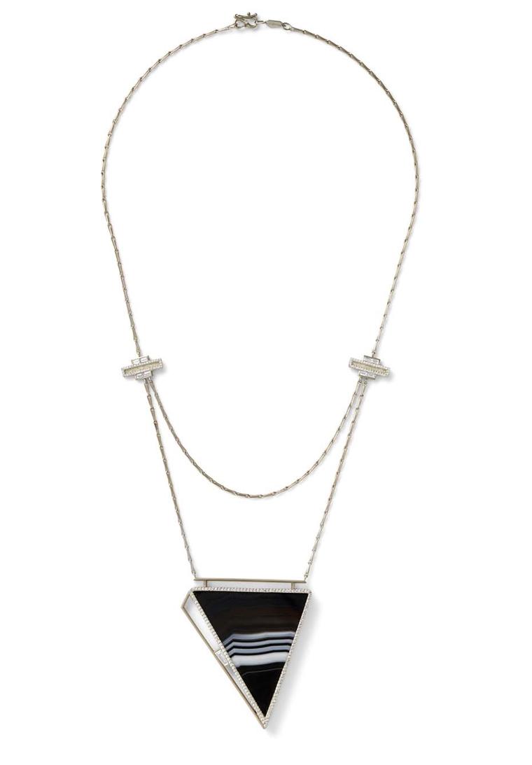 Monique Péan one-of-a-kind Seto necklace with a triangle of fossilised walrus ivory and black striped agate surrounded by pavé diamonds and one baguette diamond. The double looped chain is highlighted with baguette and pavé diamonds at either side.