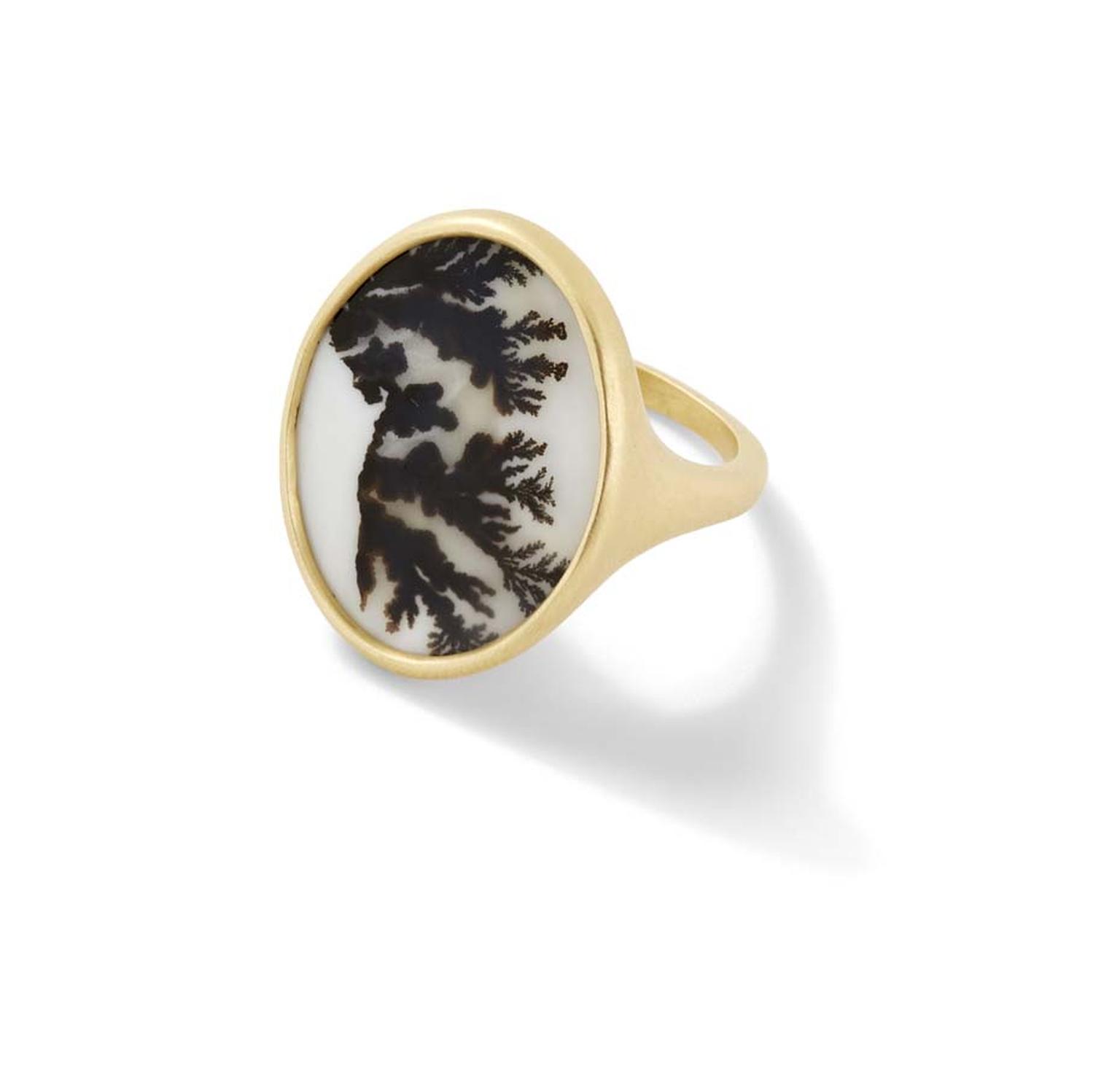 Monique Péan ring from the new Seto collection set with dendritic agate in recycled yellow gold.