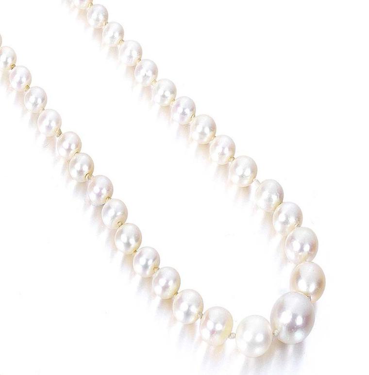 A single row necklace comprised of 70 pearls with a barrel-shaped pearl clasp saw its pre-sale estimate increase tenfold to £110,500 at Bonhams Fine Jewellery sale.