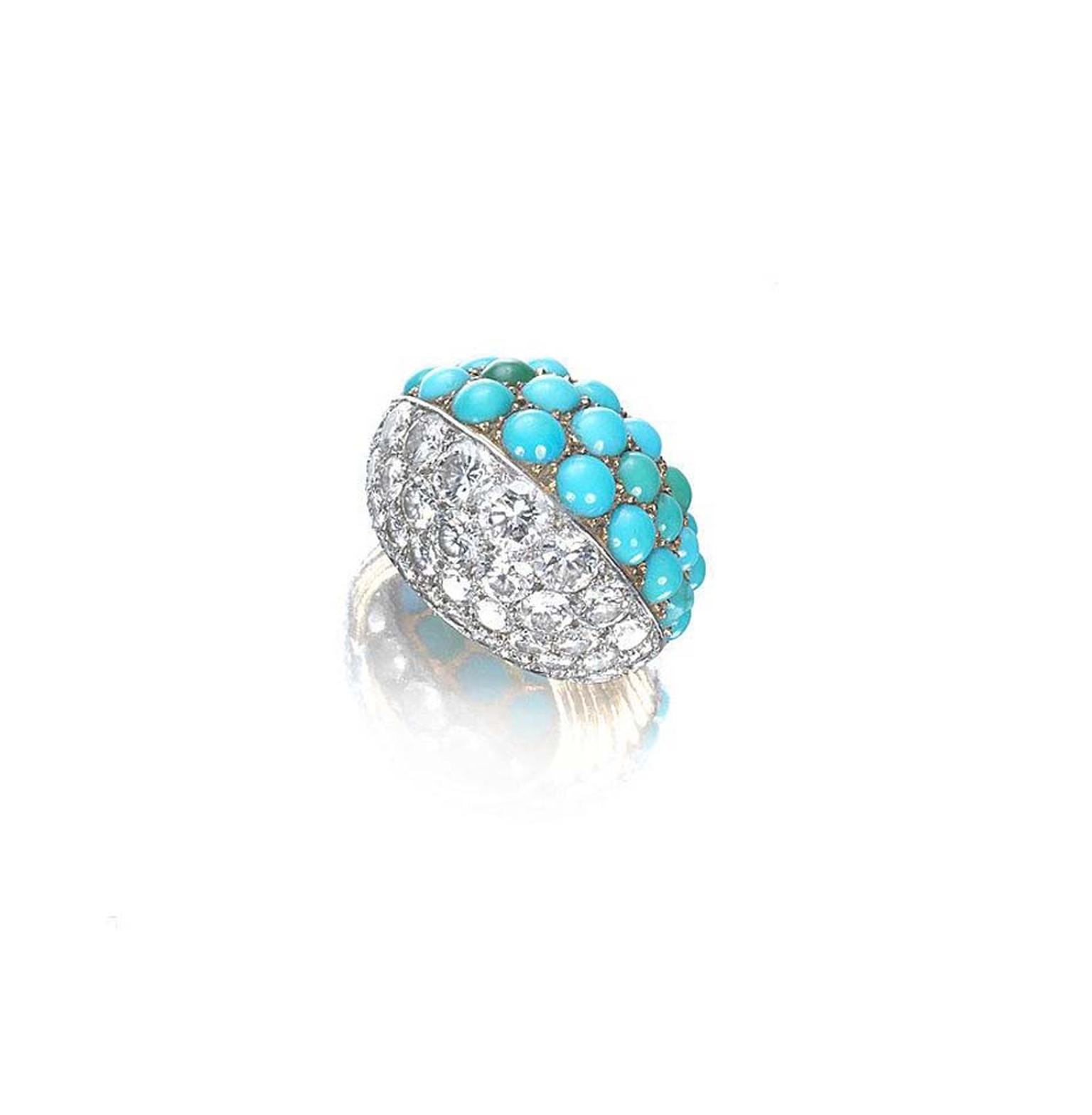 A turquoise and diamond Cartier cocktail ring circa 1960.The bombé design features pavé-set diamonds on one side and cabochon turquoise beads and brilliant-cut diamonds on the other.  The ring sold for £17,500, nearly quadruple its pre-sale estimates.