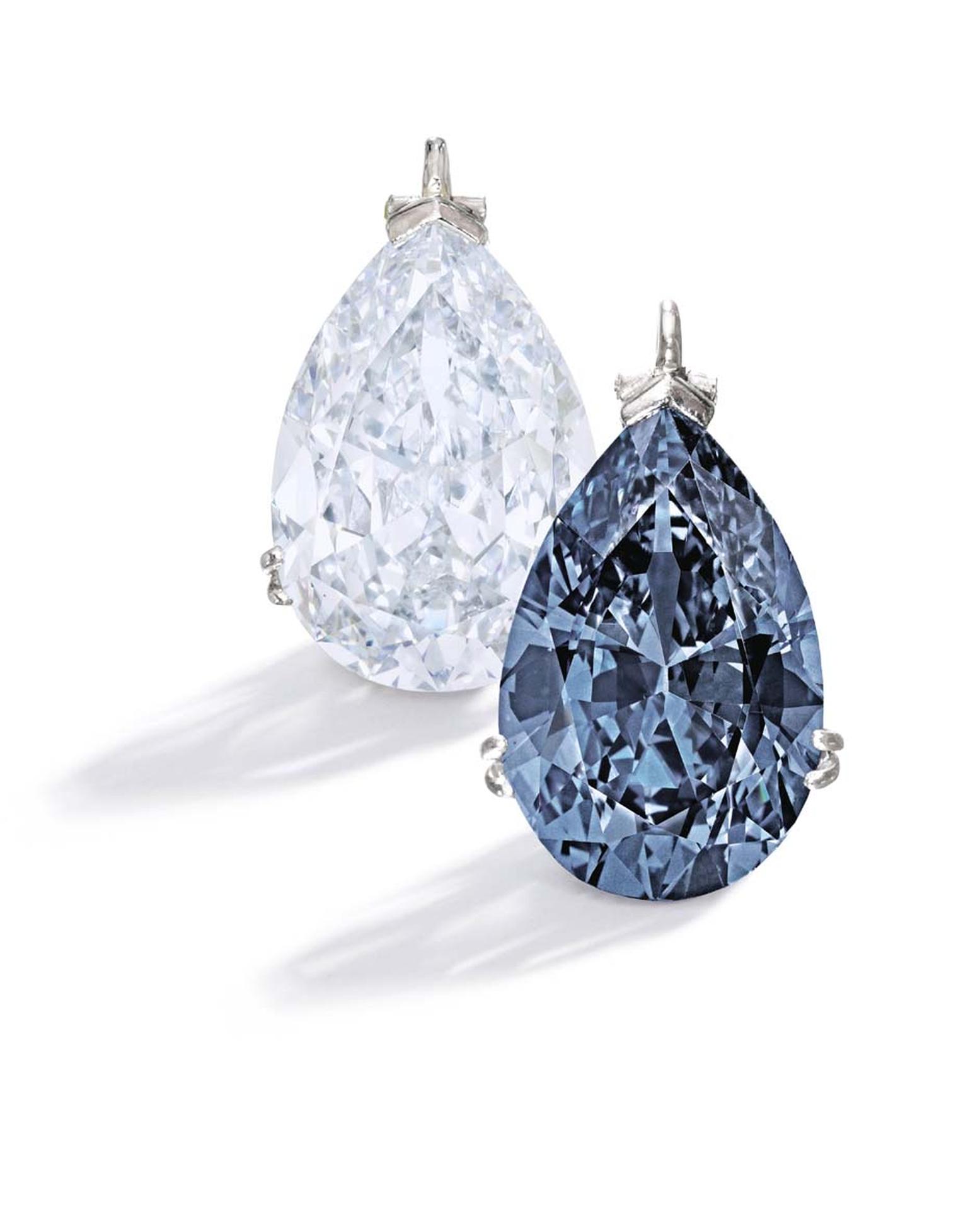Bunny Mellon's jewelry collection, which will be auctioned by Sotheby's New York on 20 November 2014, includes two platinum mounted blue diamond pendants. One is an important 9.15ct Fancy Blue diamond, left, and the other a magnificent and rare 9.74ct Fan