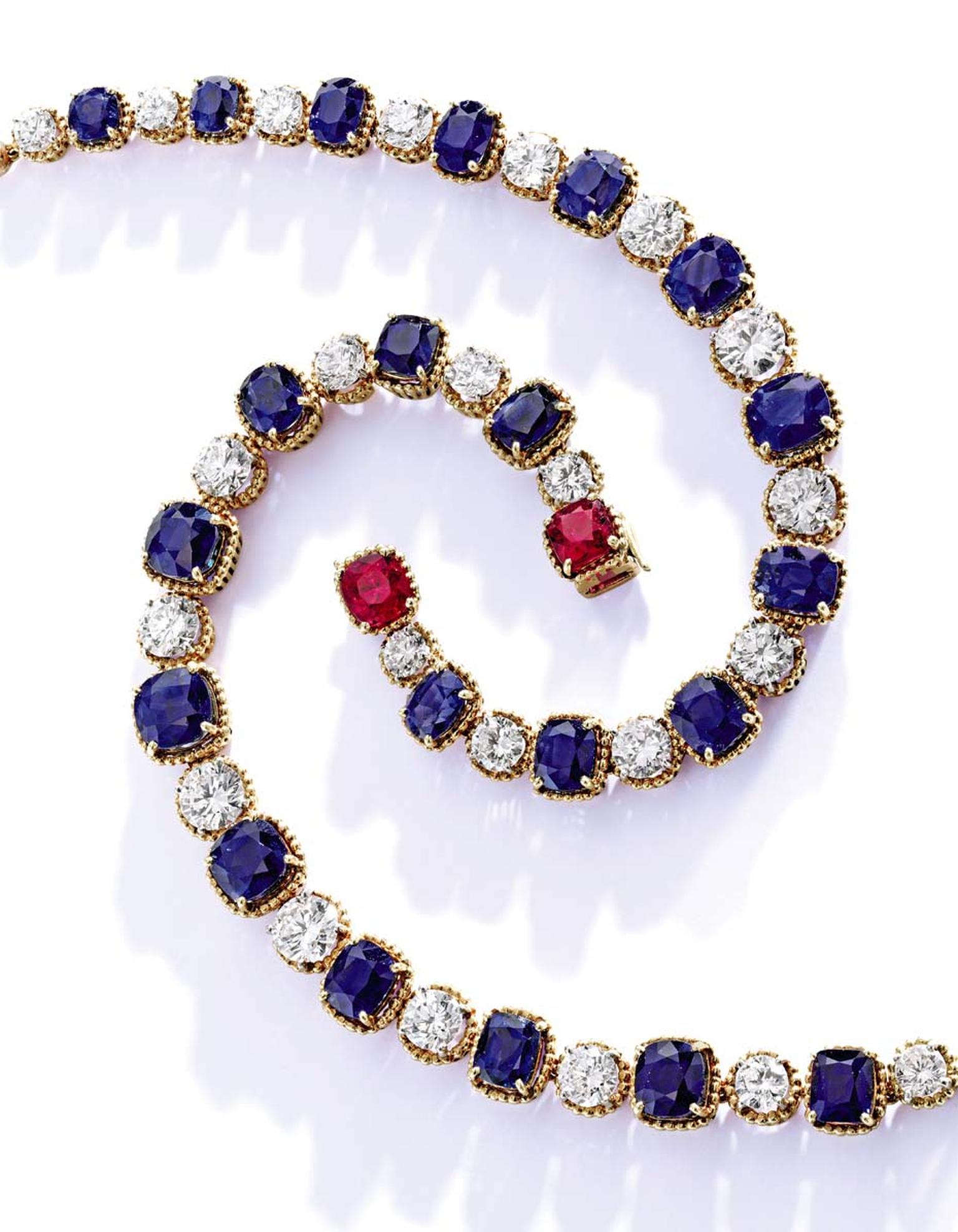 A pair of diamond, sapphire and ruby bracelets from Bunny Mellon's jewelry collection (estimate: $150,000-200,000 each).