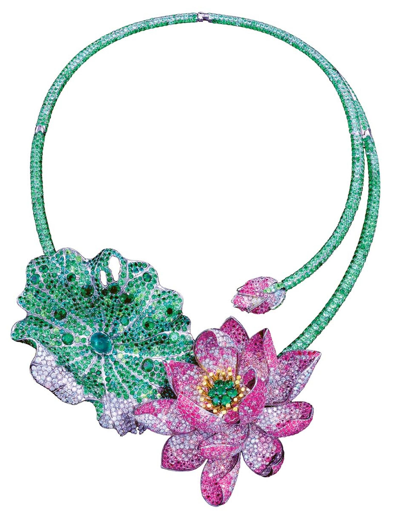 Anna Hu's Art Nouveau-style Celestial Lotus necklace features natural Fancy Intense vivid yellow, grey and white diamonds, natural Burmese rubies, Colombian emeralds, demantoid garnets, tsavorites, and multi-coloured pink sapphires, set in titanium.