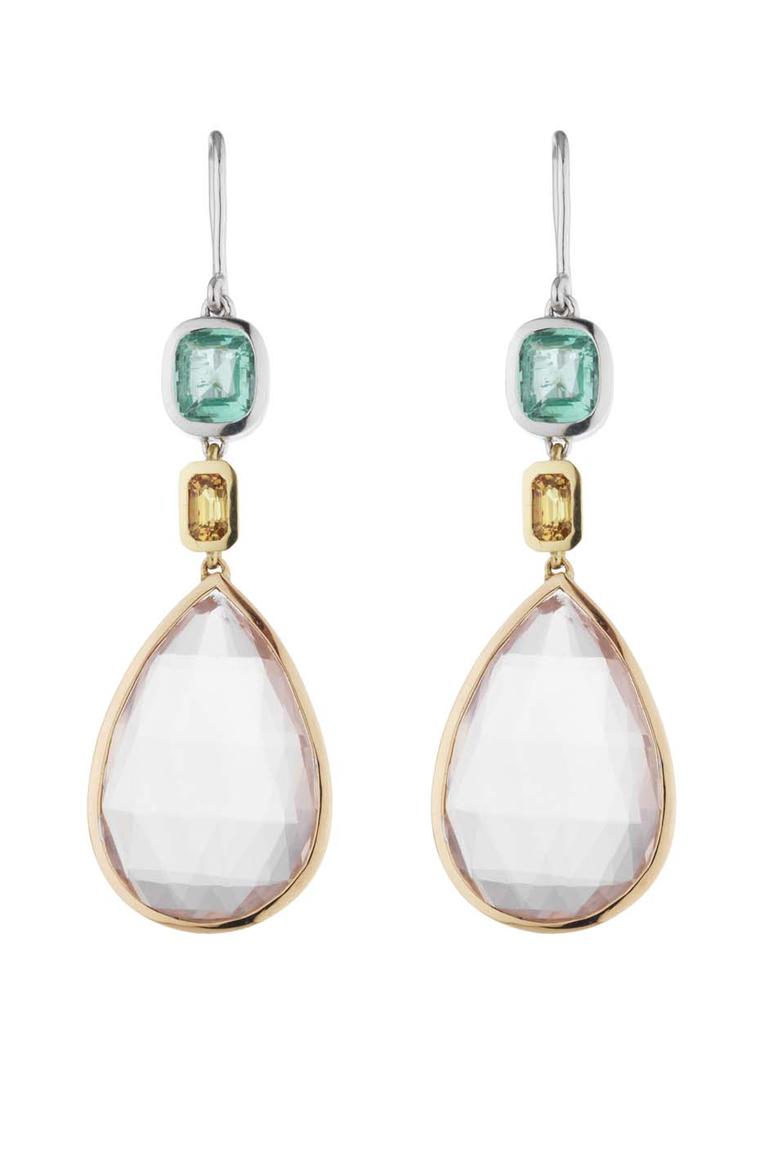 Holts London jewellery collection Sloane earrings with chalcedony drops set in mixed metal with a cushion-cut emerald and yellow sapphires (£3,400).