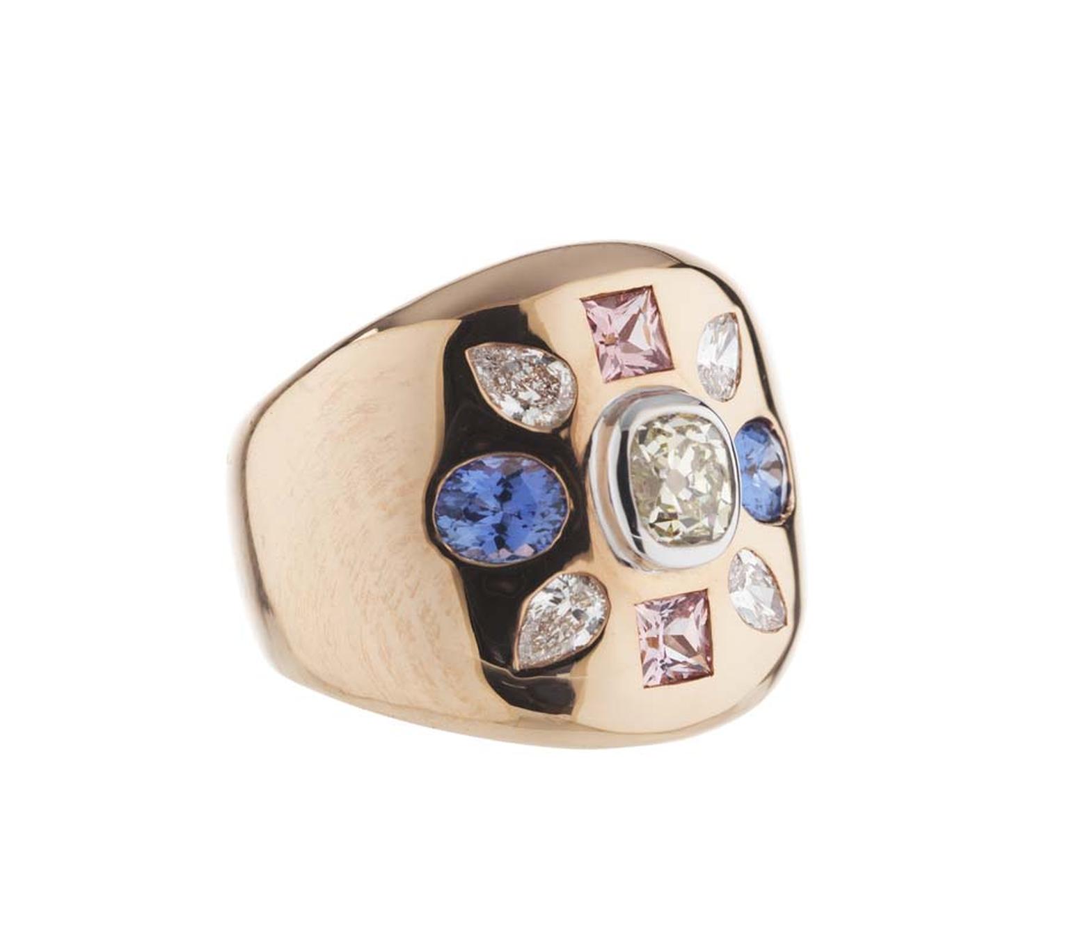 Holts London rose gold Empire ring set with diamonds and pink and blue sapphires (£4,750).