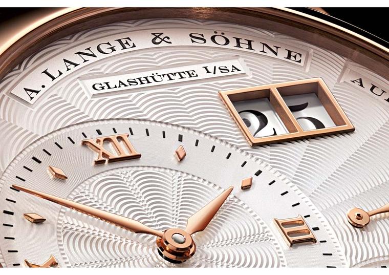 A.Lange & Söhne's Lange 1 watch is characterised by its off-centred hours and minutes counter, smaller seconds counter and, in pride of place, large double date window at 2 o’clock.