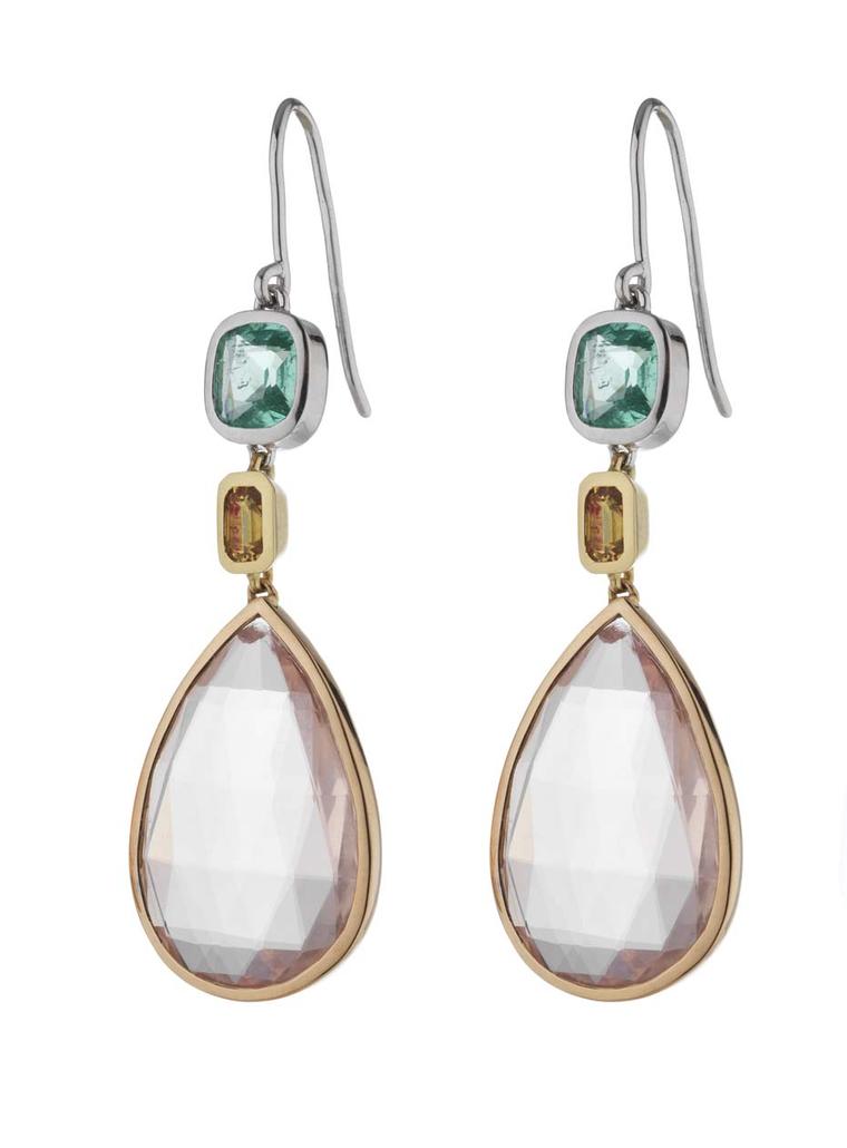Holts London jewellery collection Sloane earrings with rose quartz drops set in mixed metal with a cushion-cut emerald and yellow sapphires (£3,400).