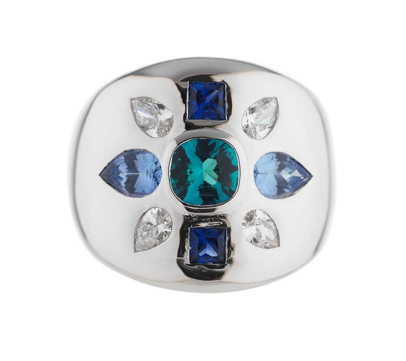 Holts London jewellery collection Empire ring in white gold with a centre tourmaline stone and blue and white sapphires (£4,095).