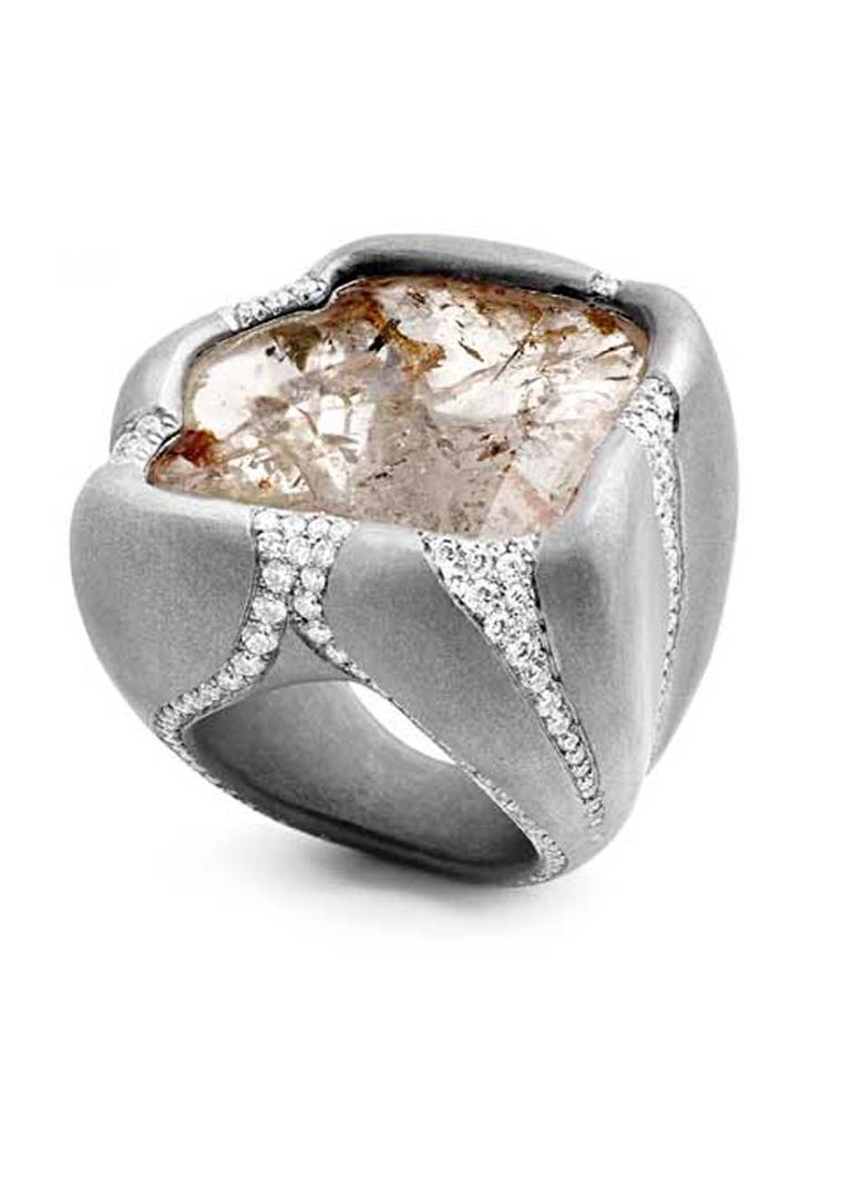 Suzanne Syz Rocky Baby titanium ring set with one flat 16.00ct denditrique diamond and 215 diamonds.