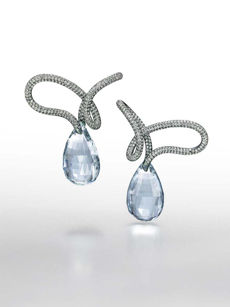 Suzanne Syz Tie That Knot titanium earrings with two pear-shaped briolette beryls and 644 diamonds.