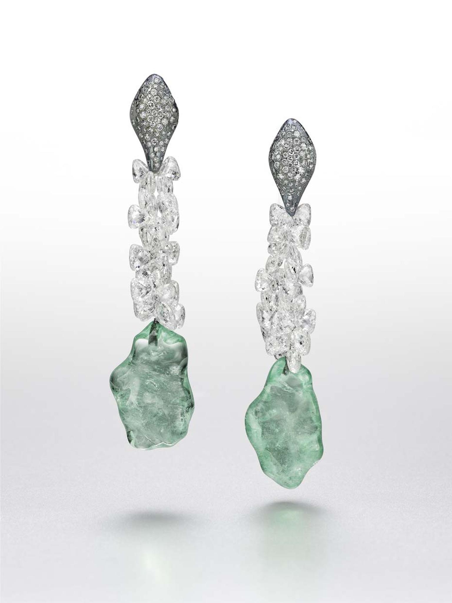 Suzanne Syz It's Raining Dreams white gold and titanium earrings with Paraiba tourmalines and briolette and brilliant-cut diamonds.