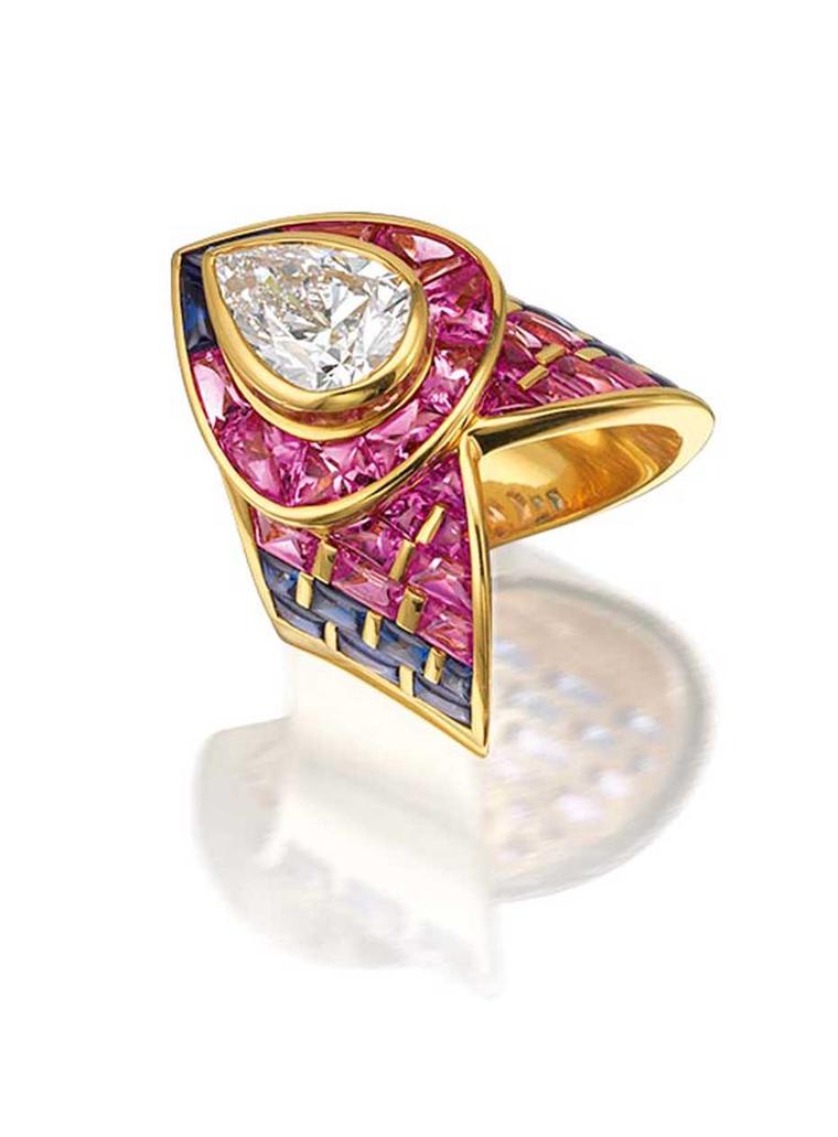 Marina B claw ring featuring a 3.02ct pear-shaped diamond surrounded by pink and blue sapphires (estimate: £27,300-43,000).
