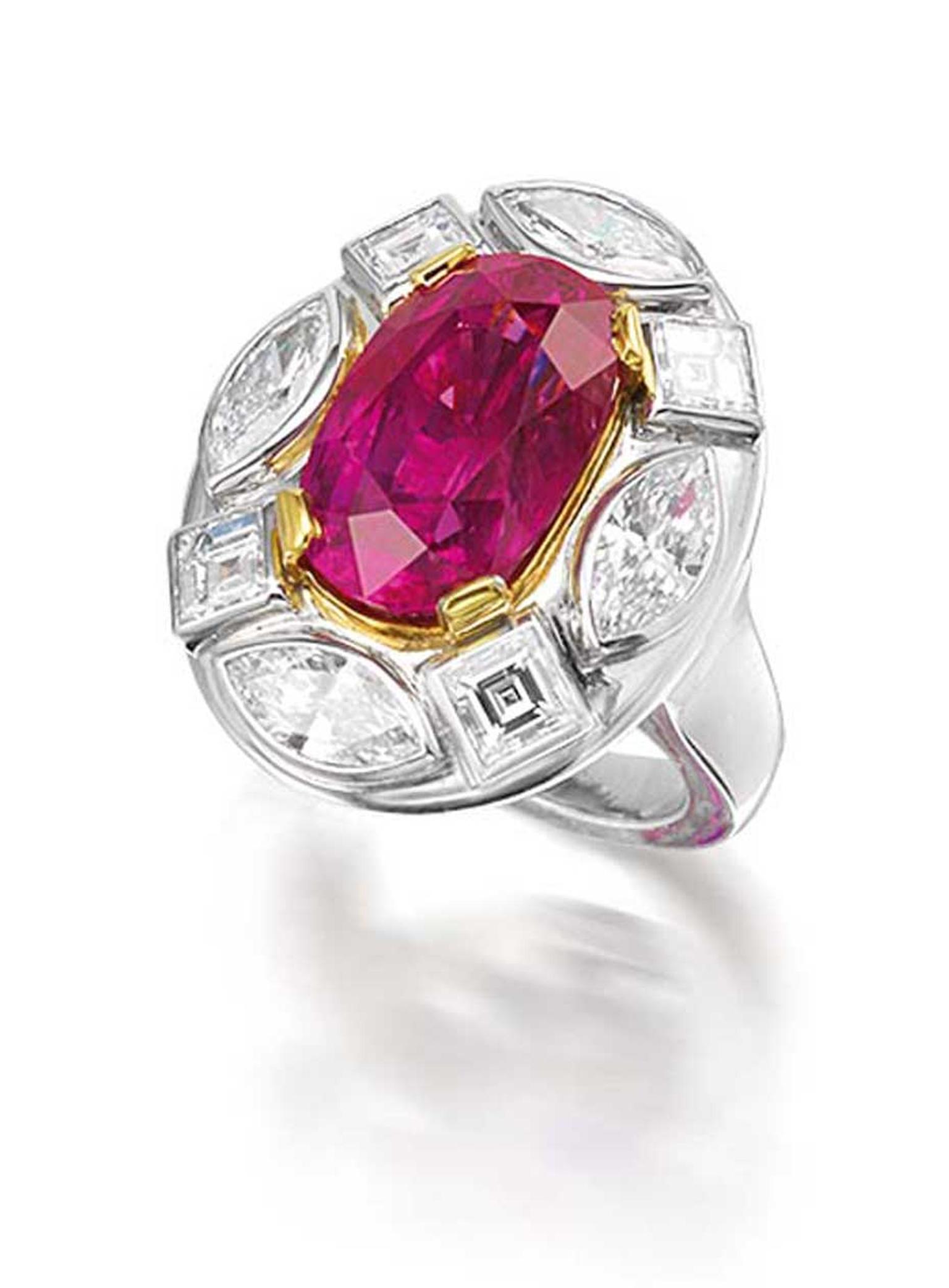 Ruby and diamond Georgina ring by Marina B with a 10.54ct Burmese ruby surrounded by marquise and Asscher-cut diamonds.