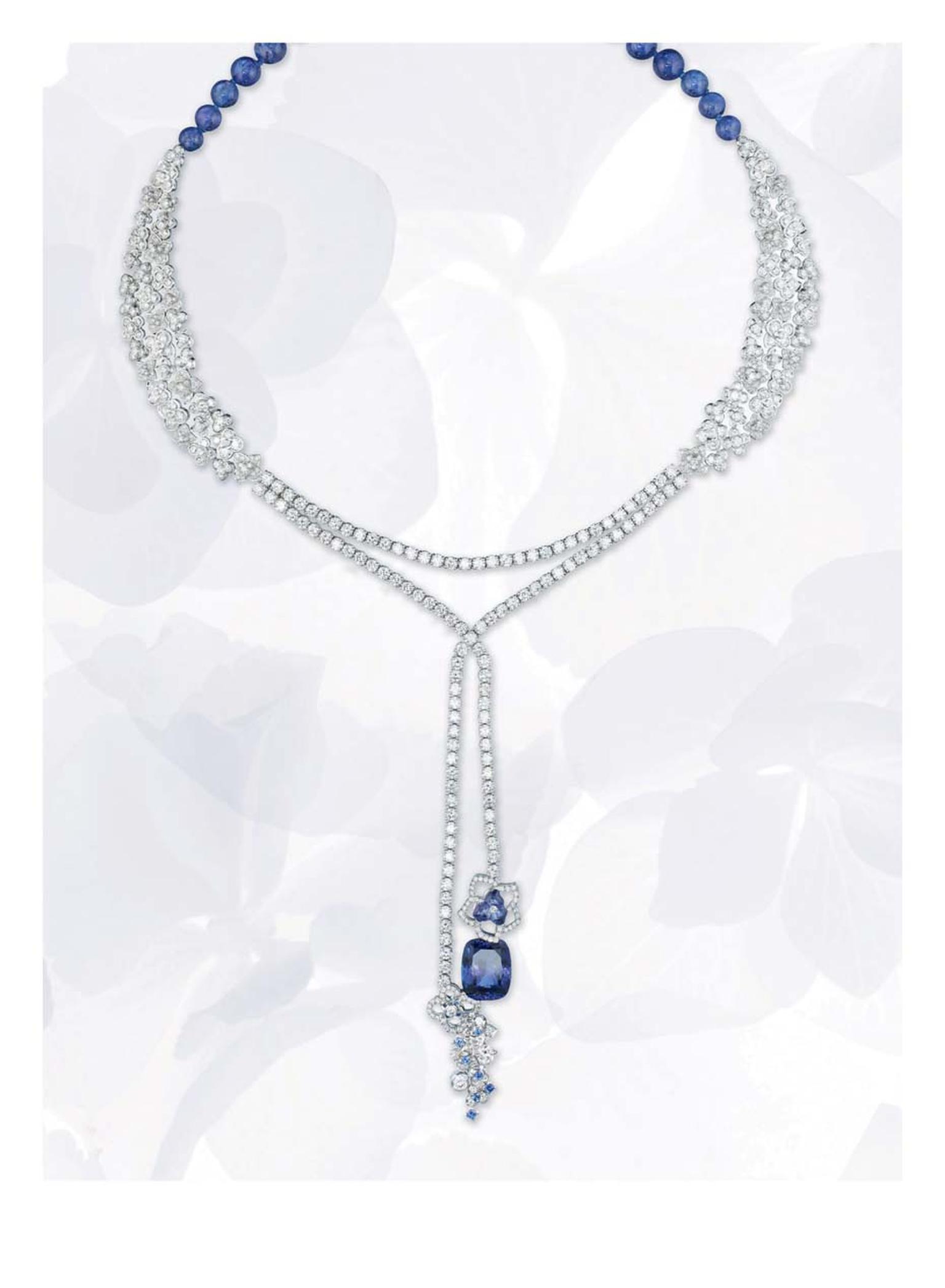 Chaumet Hortensia necklace in platinum with diamonds, tanzanite, sapphires and a cushion-cut 10.73ct tanzanite.