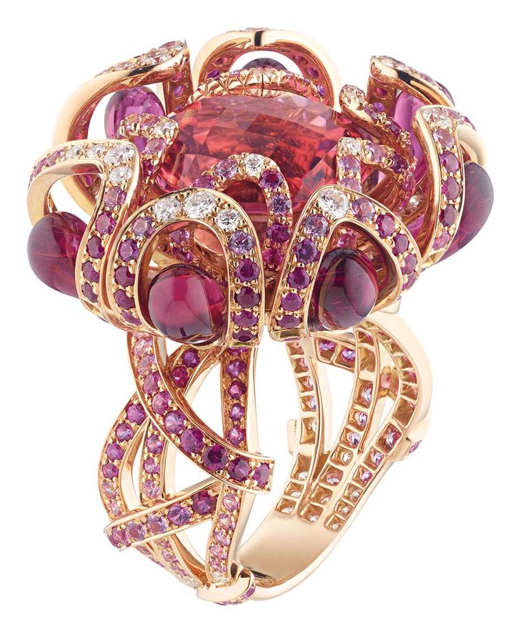 Chaumet Hortensia ring in pink gold, set with rubies, pink sapphires, diamonds, red tourmaline drops and an 8.6ct round faceted pink tourmaline in the centre.