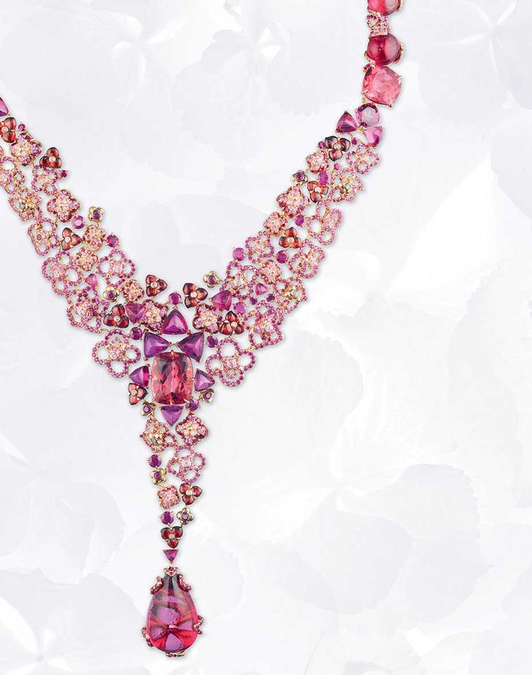 Chaumet Hortensia necklace in pink gold with rubies, pink sapphires, rhodolite garnets, red and pink tourmalines and a 25.68ct cabochon-cut pear-shaped red tourmaline drop.