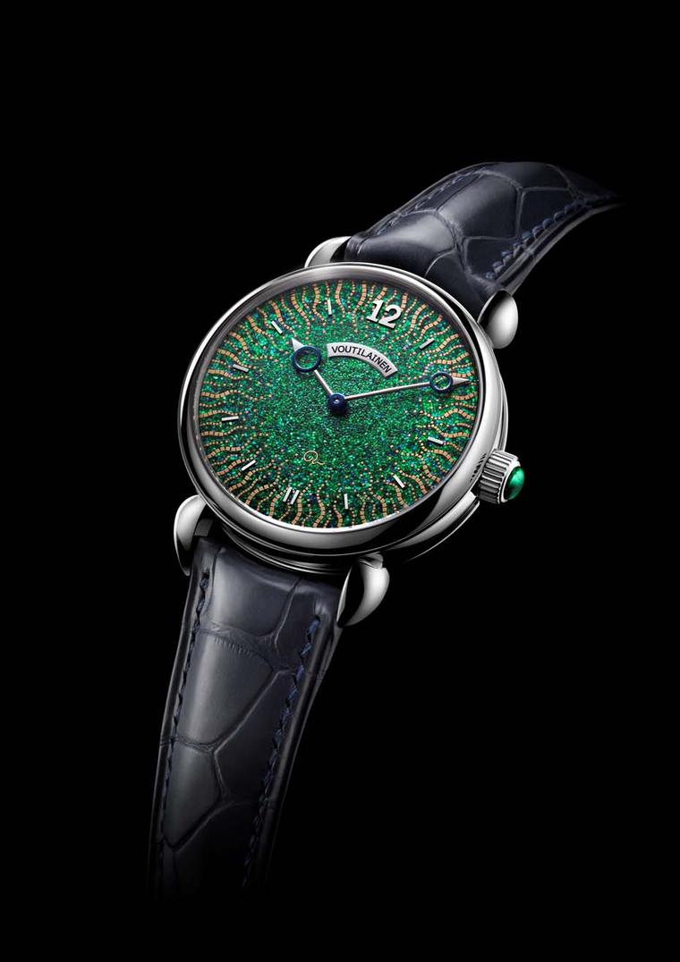The Voutilainen Hisui watch is a fusion of Swiss watchmaking prowess and the ancient Japanese art of lacquer practiced in the Edo period. Both the dial and the bridges of the movement have been lacquered, which took a total of 1,000 hours to complete.
