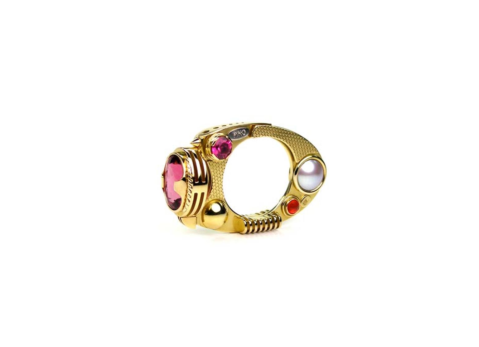 Claudio Pino ring in gold with pink tourmalines, pearls and carnelian at the Aaron Faber Gallery.