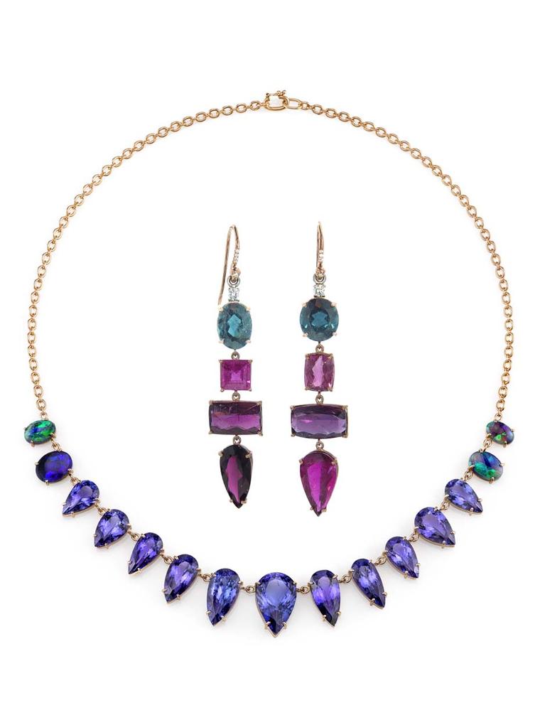 From Ylang23, Irene Neuwirth's one-of-a-kind tanzanite necklace and pink tourmaline, indicolite and diamond earrings.