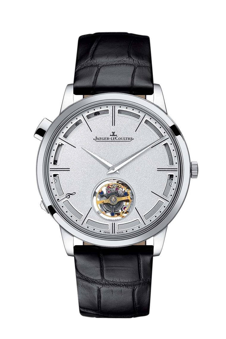 Jaeger-LeCoultre's Master Ultra Thin Minute Repeater Flying Tourbillon watch, from the Hybris Mechanica collection, conjugates two horological complications - a minute repeater and a flying tourbillon - in a case that measures just 7.9mm thick.