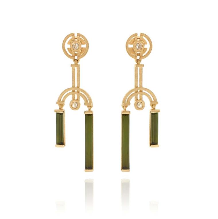 Shimell and Madden's Symmetry collection Double Drop earrings with rose-cut white diamonds and baguette-cut green tourmalines.