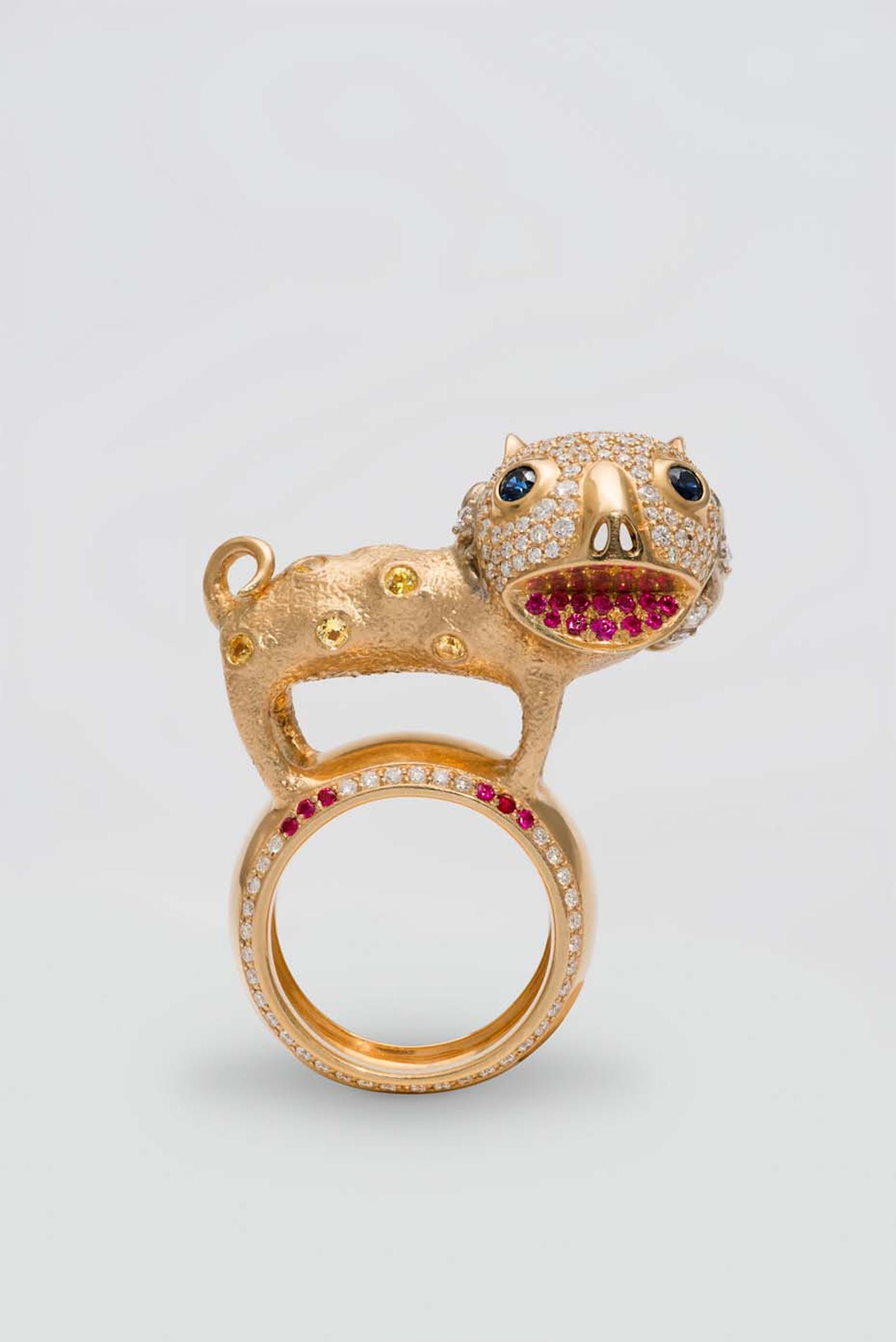 Dashi Namdakov white and yellow gold Lion ring featuring diamonds, rubies and sapphires.