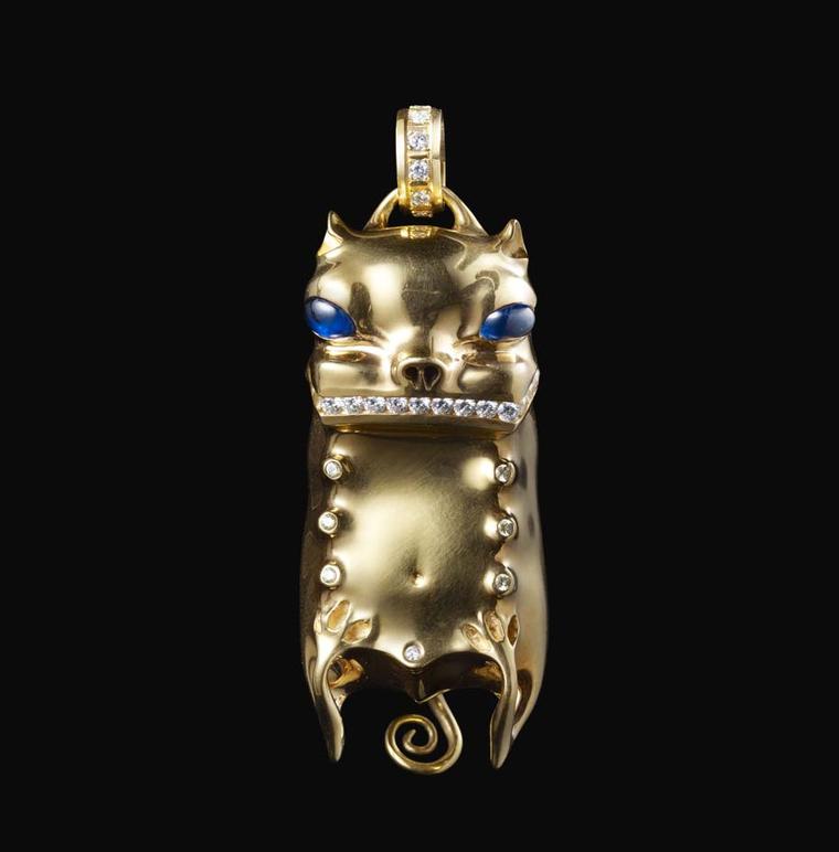 Dashi Namdakov Little Tiger pendant in yellow gold with diamonds and sapphires.