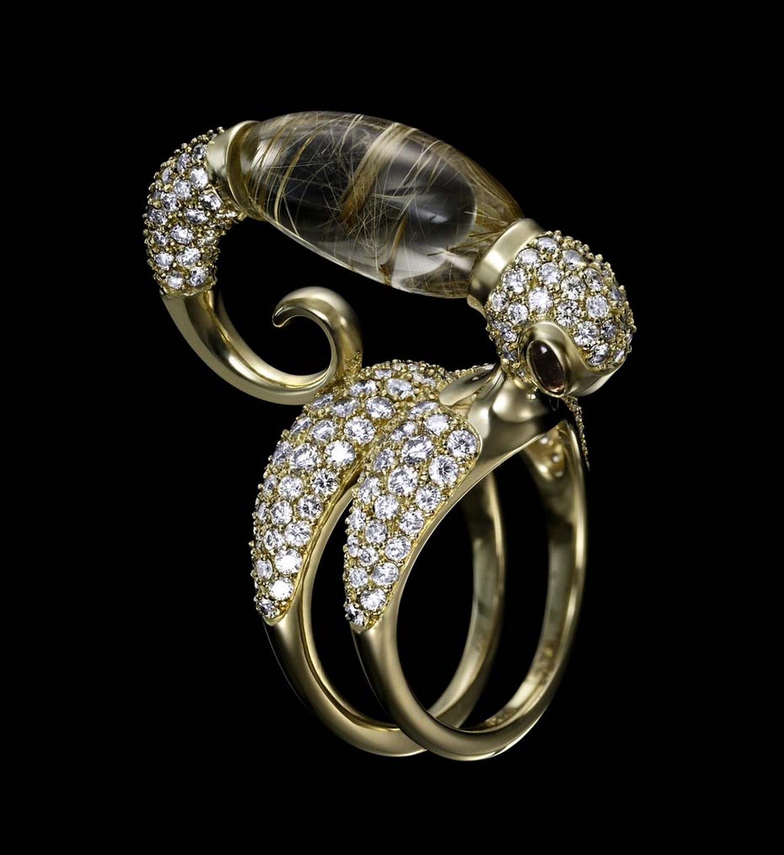 Dashi Namdakov Transformation Erdeny ring in yellow gold with diamonds and rutilated quartz.