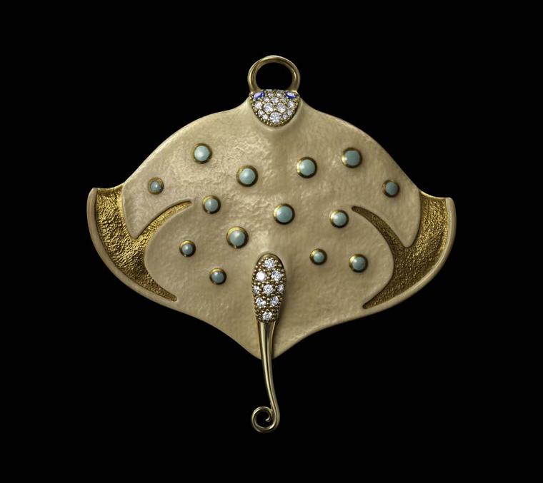 Dashi Namdakov Manta pendant in yellow gold with diamonds, turquoise, sapphires and mammoth.
