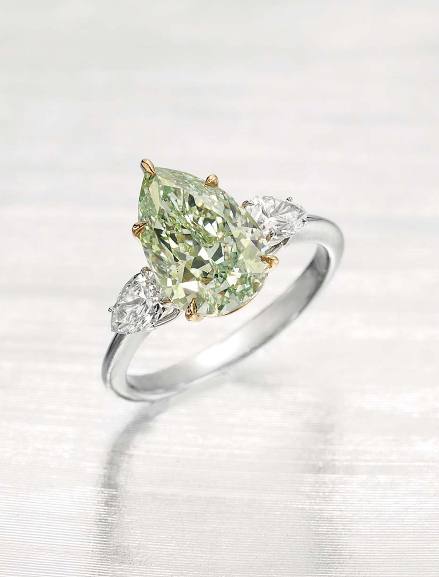 This pear-shaped 3.51ct Fancy Intense green diamond ring, flanked by two white diamonds, was expected to achieve between US$800,000 and $1.2 million no result has been published suggesting it went unsold.