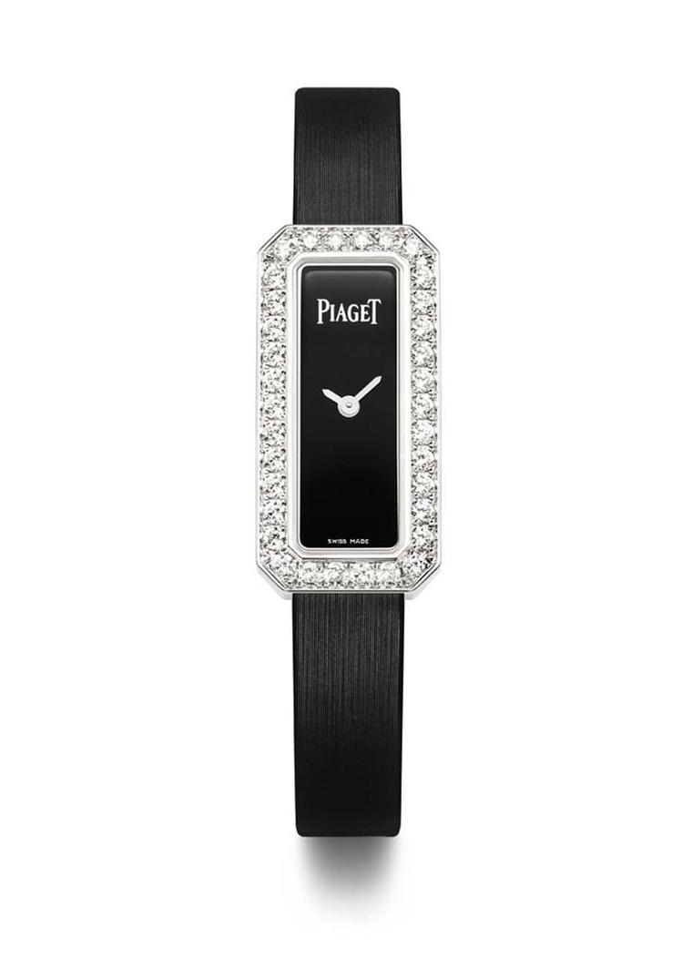 Piaget Limelight Diamonds watch in white gold with an emerald-cut shaped case and black lacquer dial, set with 1.10ct diamonds on the bezel and presented on a black satin strap with an ardillon buckle set with a single diamond.