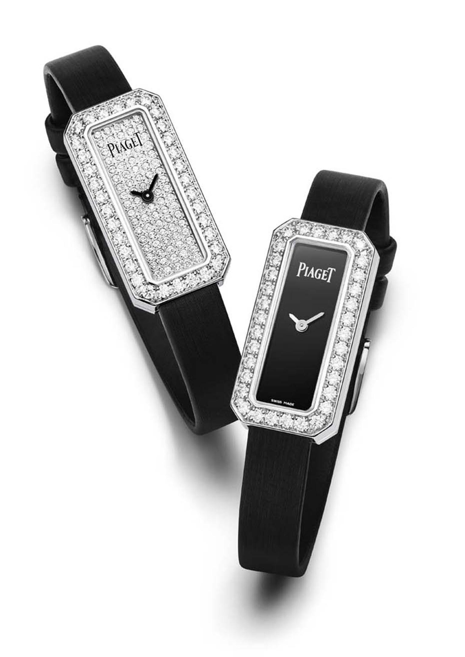 Crafted in white gold and set with over 1.00ct of brilliant-cut diamonds on the bezel, the new, rectangular-shaped Piaget Limelight Diamonds watches is presented in two versions: with a sleek black lacquer dial and fully paved with diamonds.
