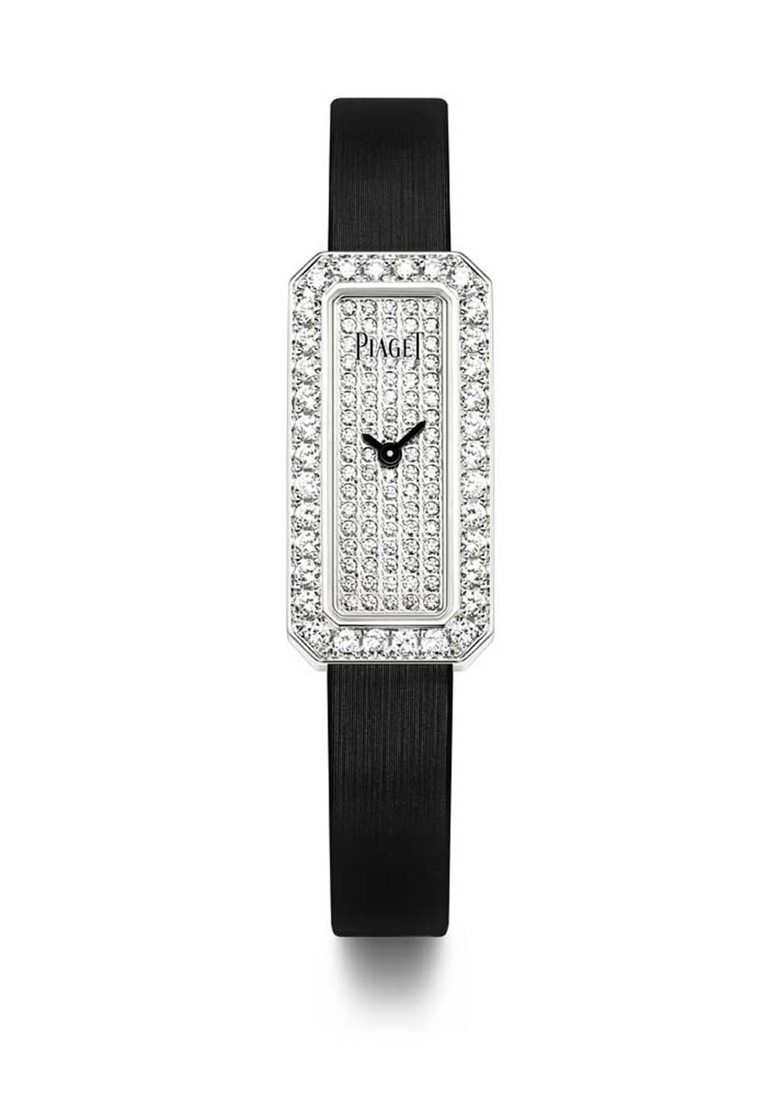 Piaget Limelight Diamonds watch in white gold with an emerald-cut shaped case, set with 1.10ct diamonds on the bezel and a further 0.50ct on the dial, presented on a black satin strap with an ardillon buckle set with a single diamond.