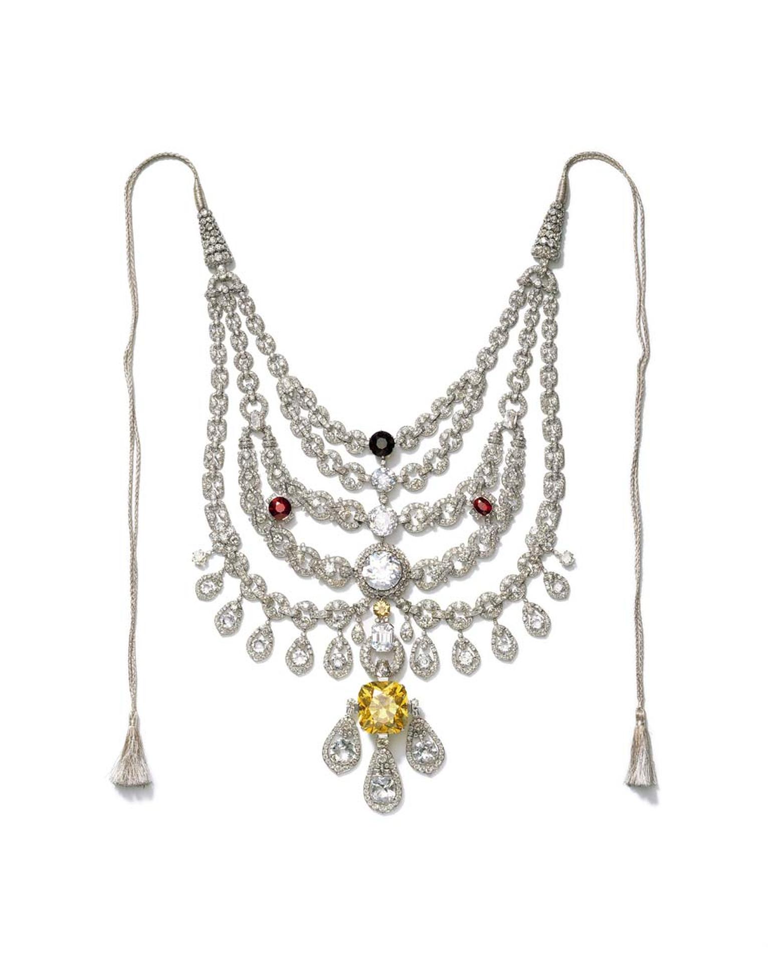 Created as a one-of-a-kind ceremonial piece for Sir Bhupindar Singh, the Maharaja of Patiala, in 1928, this Cartier necklace was originally set with an outstanding 2,930 diamonds.