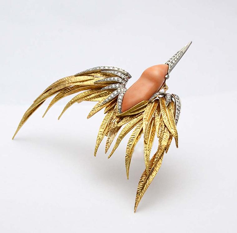 A brooch by Pierre Sterlé in gold, coral and diamonds, circa 1960. Exhibited by Primavera Gallery.