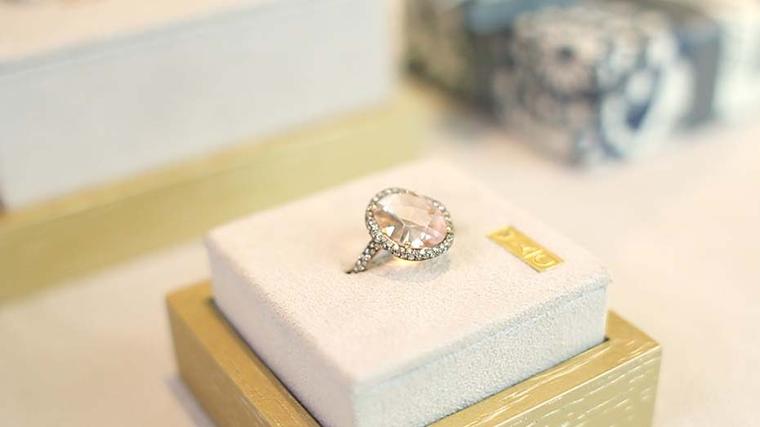 Astley Clarke's Fao collection ring with a centre morganite gemstone surrounded by a pavé of diamonds.