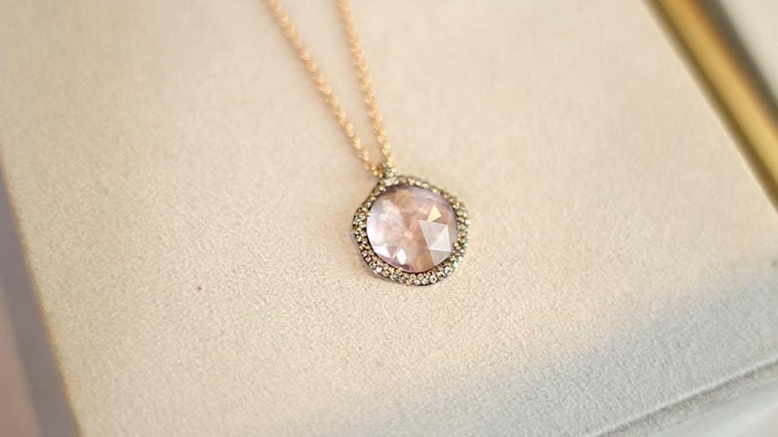 Astley Clarke Fao collection necklace with a morganite encircled by pavé diamonds.