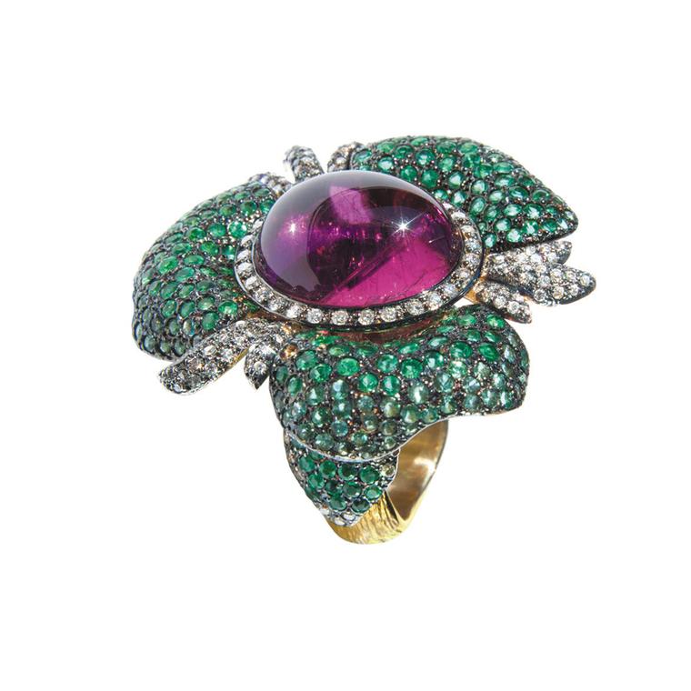 Cleison Roche's Orchid ring with emerald petals, Paraiba tourmalines, diamonds and a central rubellite.