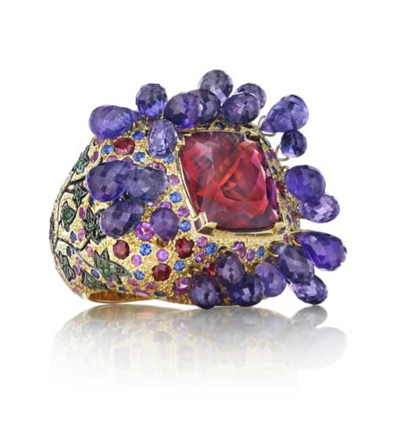 One-of-a-kind Madstone Bacchus ring with amethyst briolettes, a palette of coloured gemstones and a shank of creeping ivy.