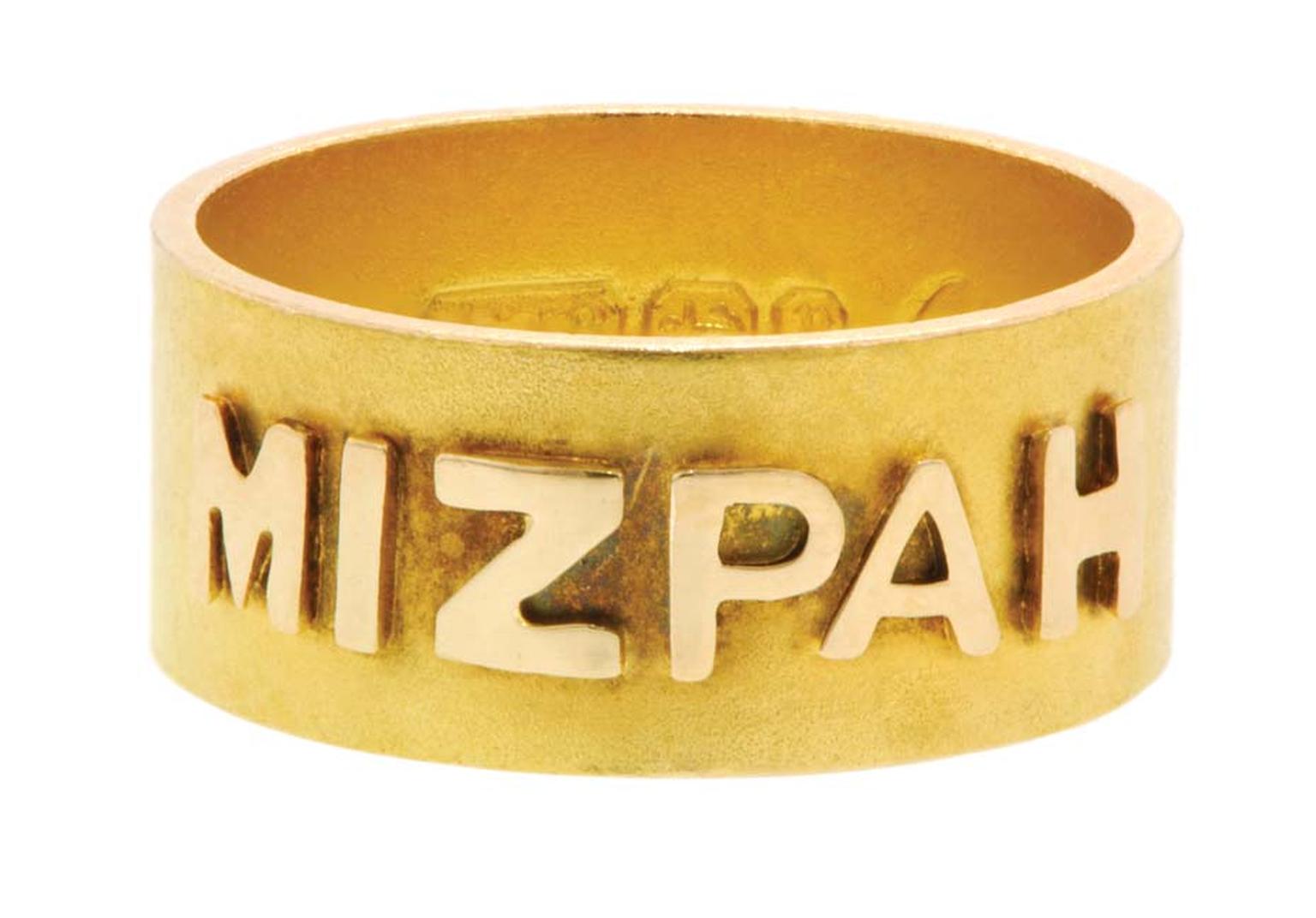 Mizpah gold band from 1898 with raised lettering by the Coley Brothers.