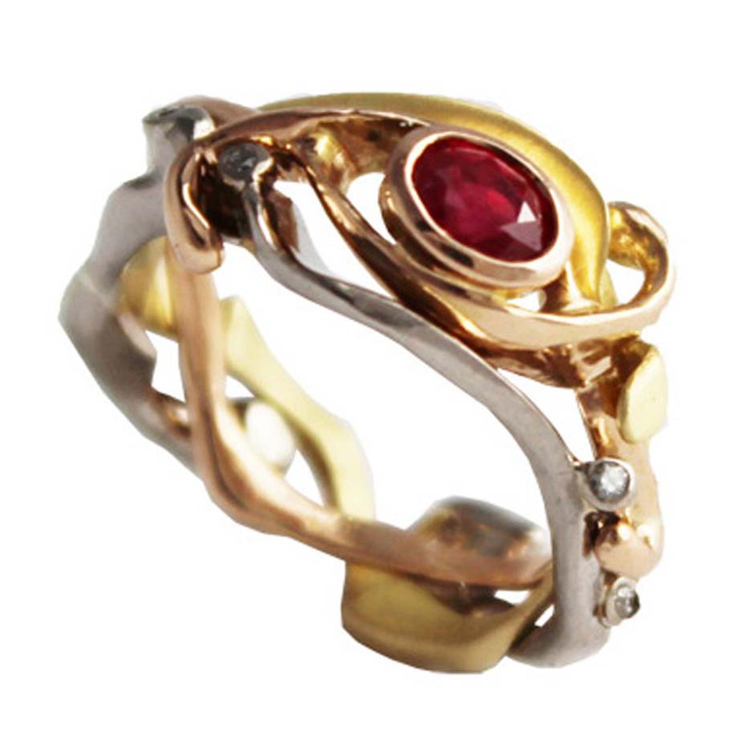 Daniel Gallie ruby ring with rose, white and yellow gold.