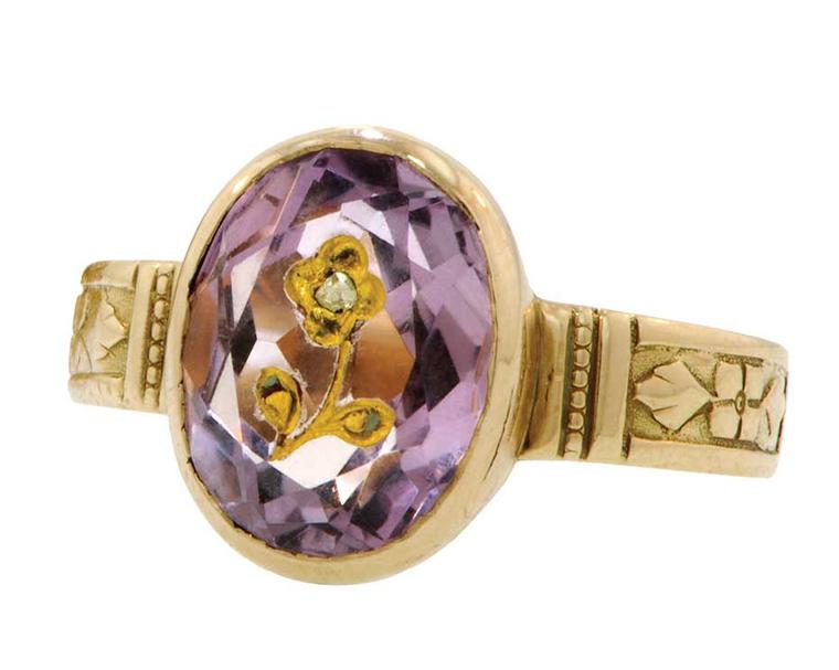 Forget-Me-Not gold ring with amethysts and diamonds, circa 1876.