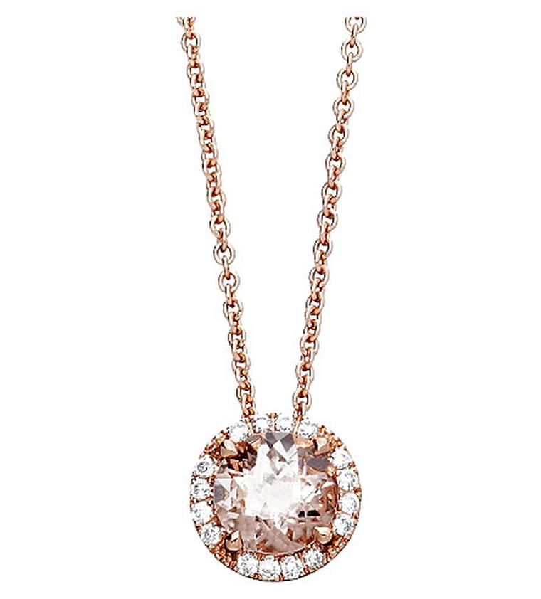 Astley Clarke Tearoom pendant featuring a round-cut morganite surrounded by diamonds set in rose gold (£1,250).