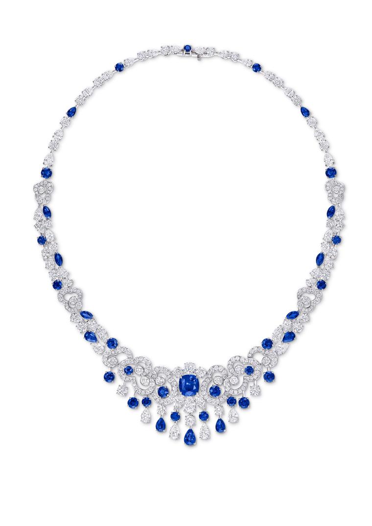 Graff's sapphire and diamond Nuage necklace captures the buoyancy and lightness of clouds in pavé diamonds scattered with bursting sapphire blooms.