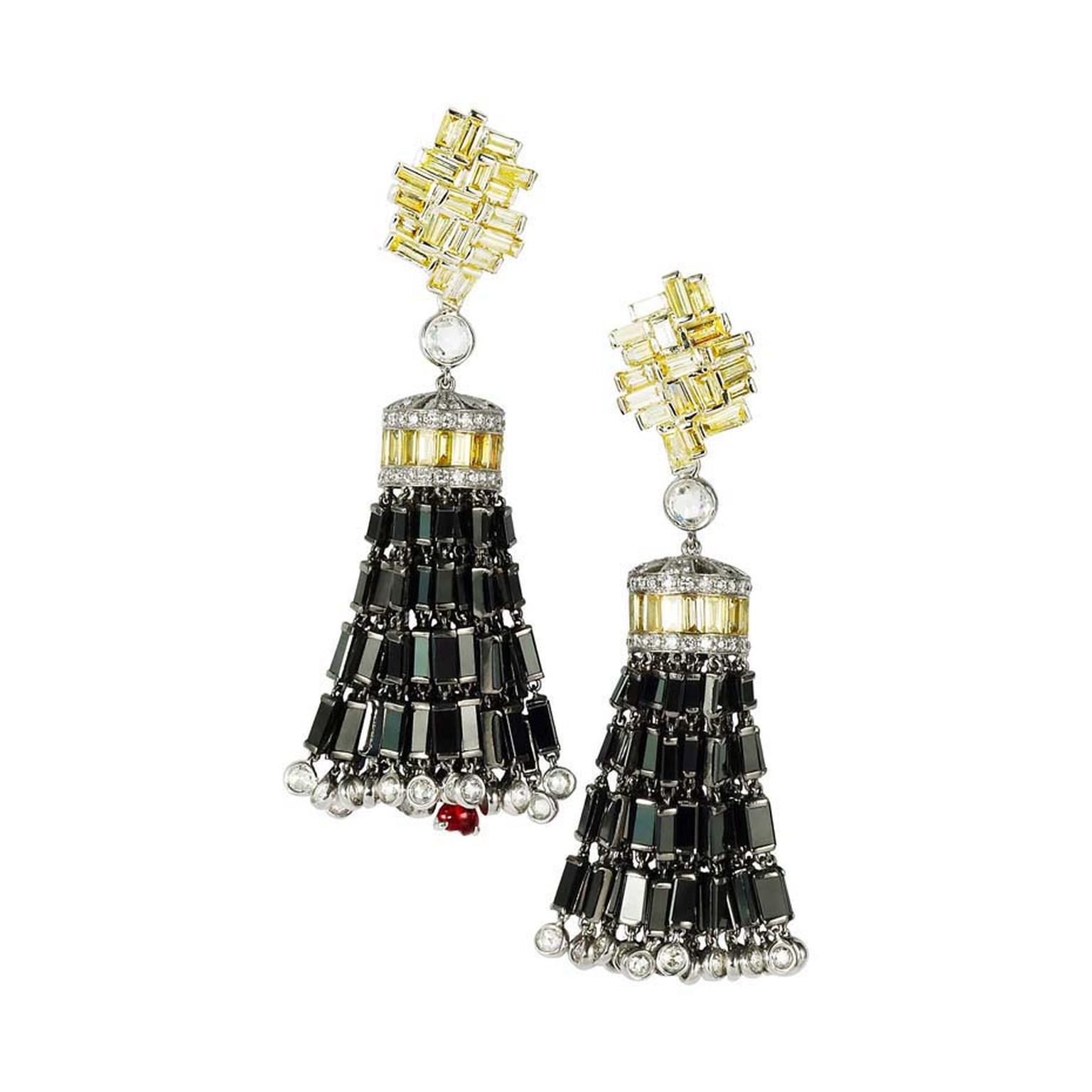Chara Wen Eastern collection Black earrings with white, black and yellow diamonds and the brand's signature ruby.