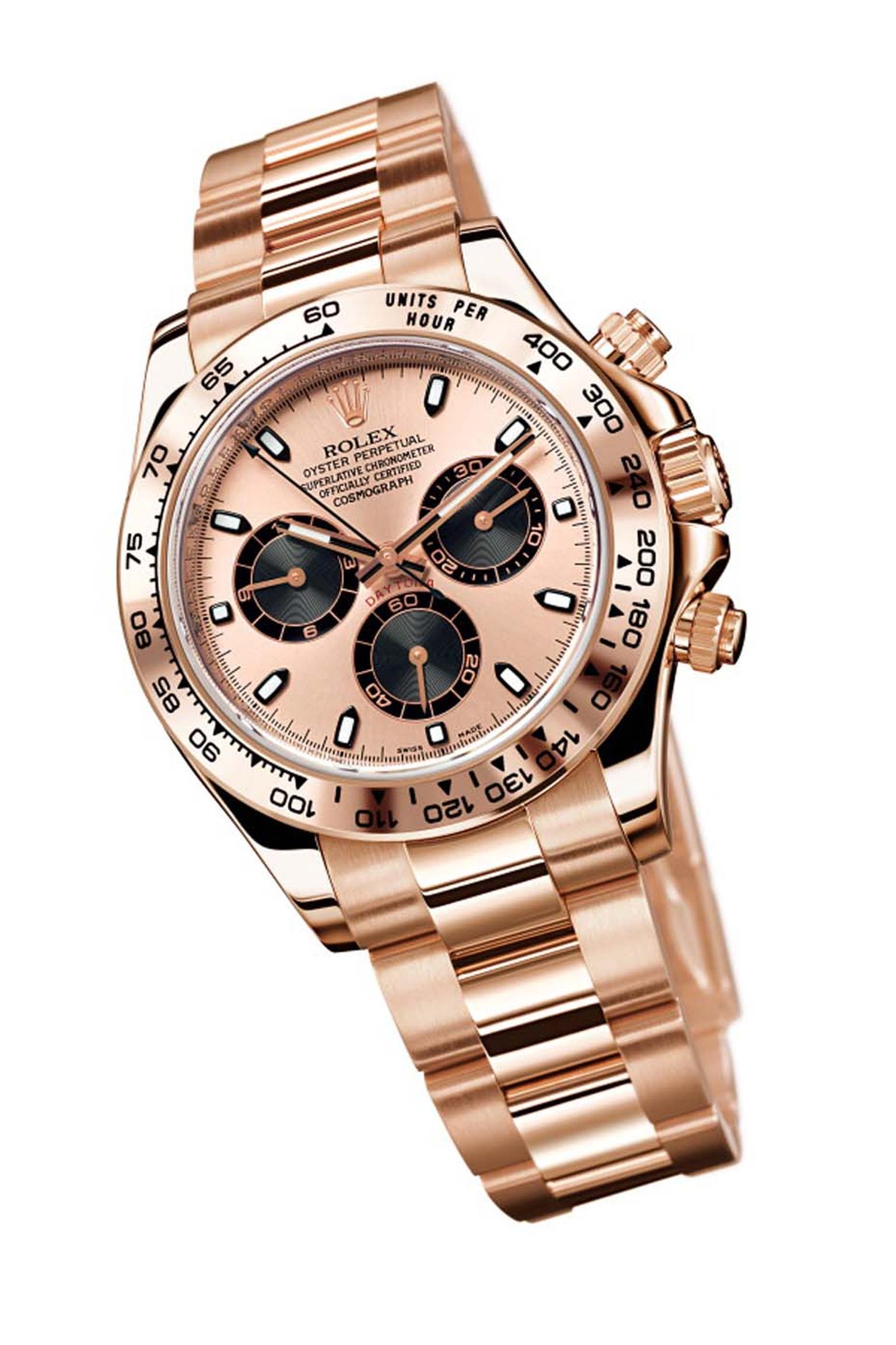 Rolex Cosmograph Daytona Everose watch with a rose gold dial and bracelet and black chronograph counters.