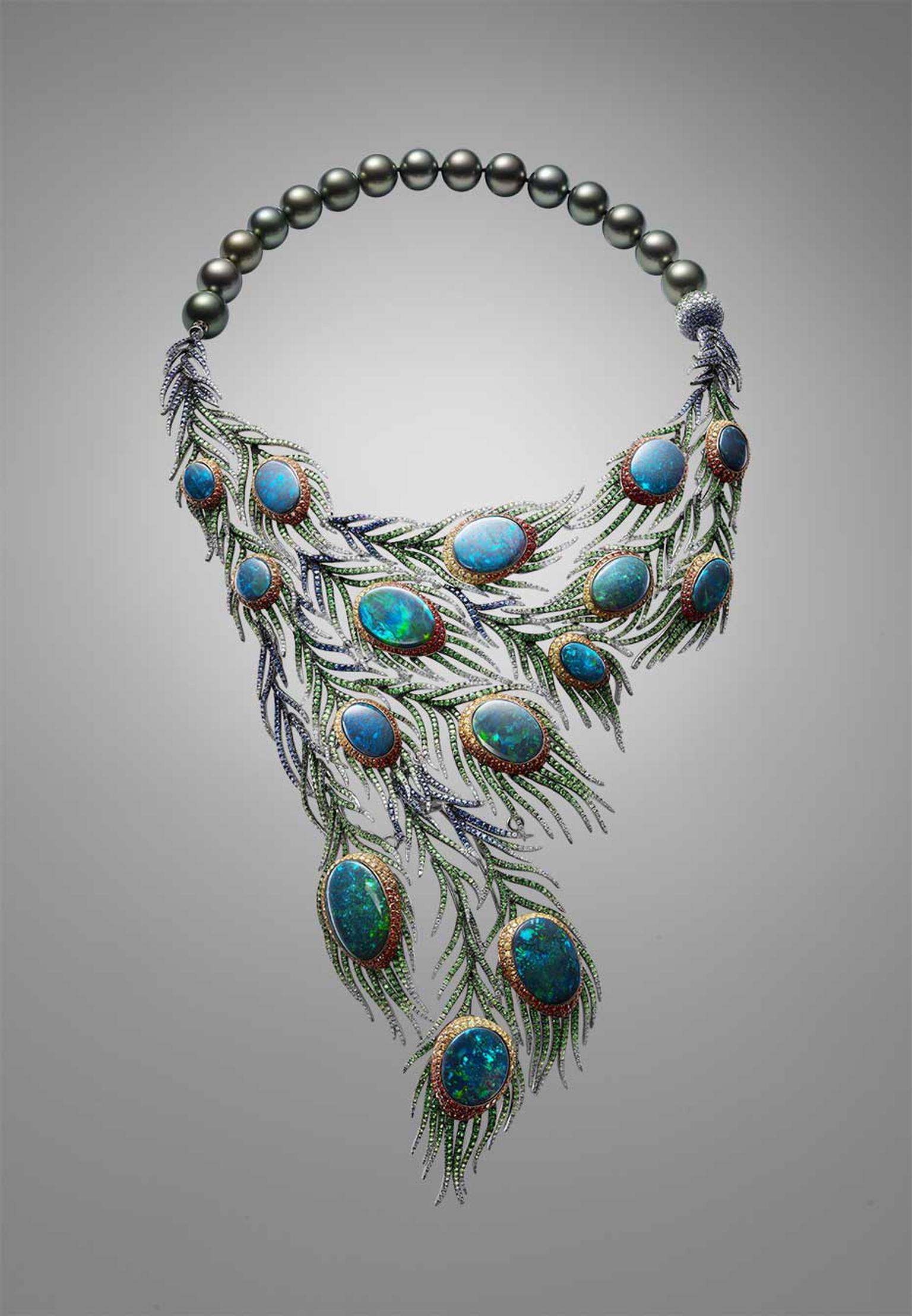 Part of a suite that includes earrings, a bangle and a ring, Alessio Boschi's Plumes necklace takes the peacock tail as its inspiration and uses 15 black opals as the centrepieces of cascading and movable feathers.