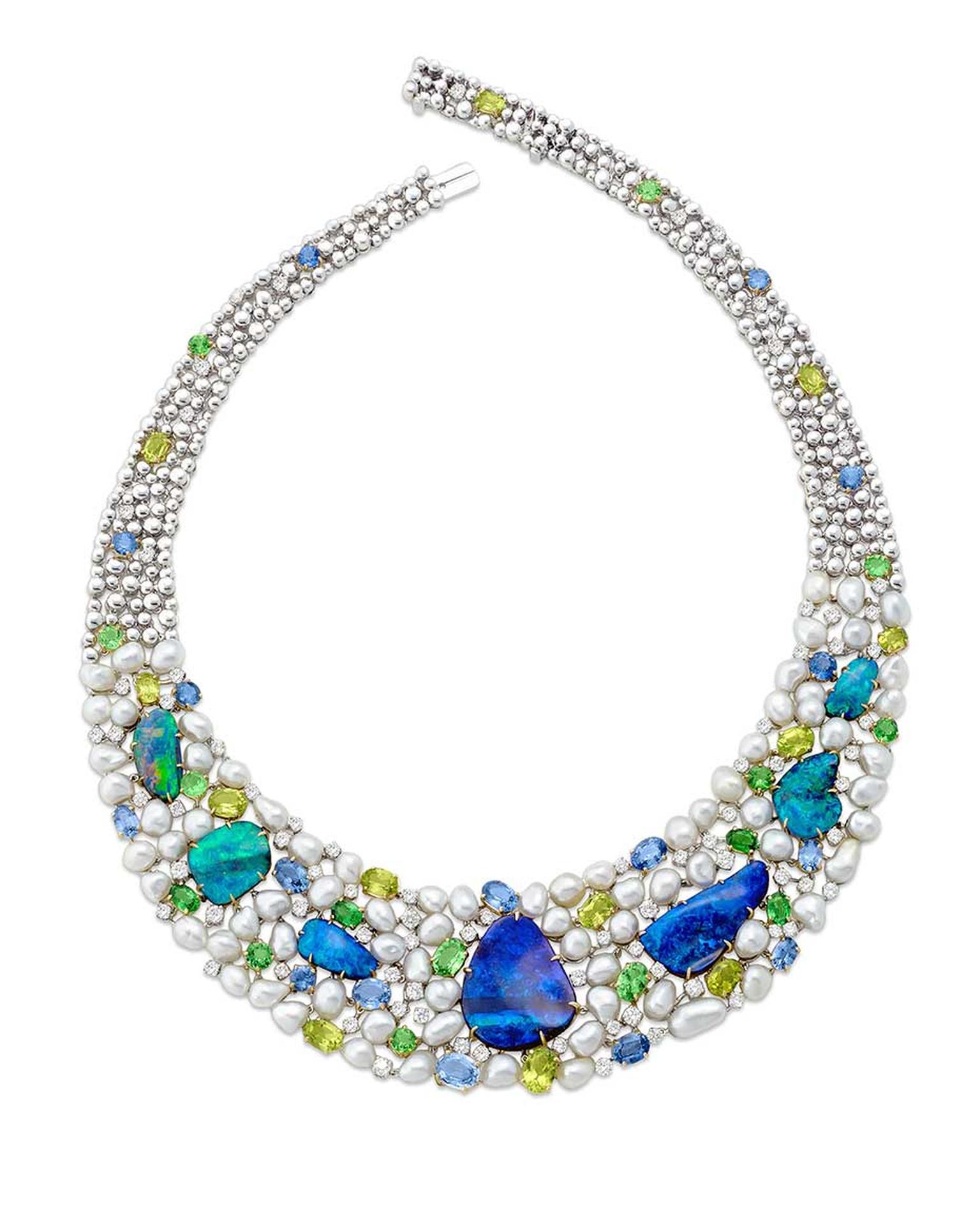 Margot McKinney Objects of Desire 130th anniversary collection necklace featuring black opals, Australian Keshi South Sea pearls, sapphires, aquamarines, peridot and a sprinkling of diamonds.