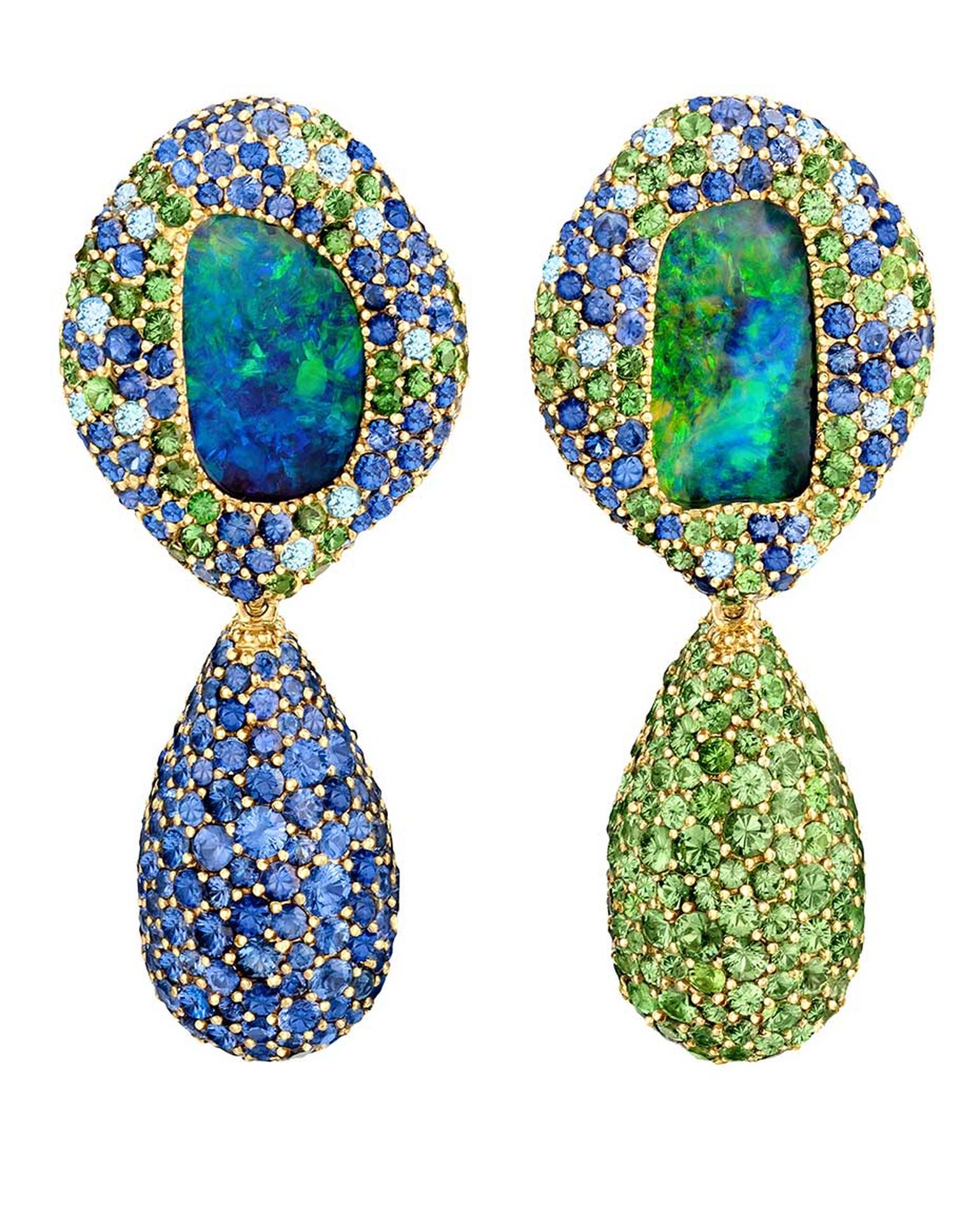 Margot McKinney Objects of Desire 130th anniversary collection earrings with Lightning Ridge opals surrounded by tsavorite garnets, sapphires and diamonds with detachable pendant drops.